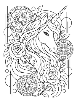 An ornate unicorn mandala coloring page surrounded by blooming roses and decorative patterns.