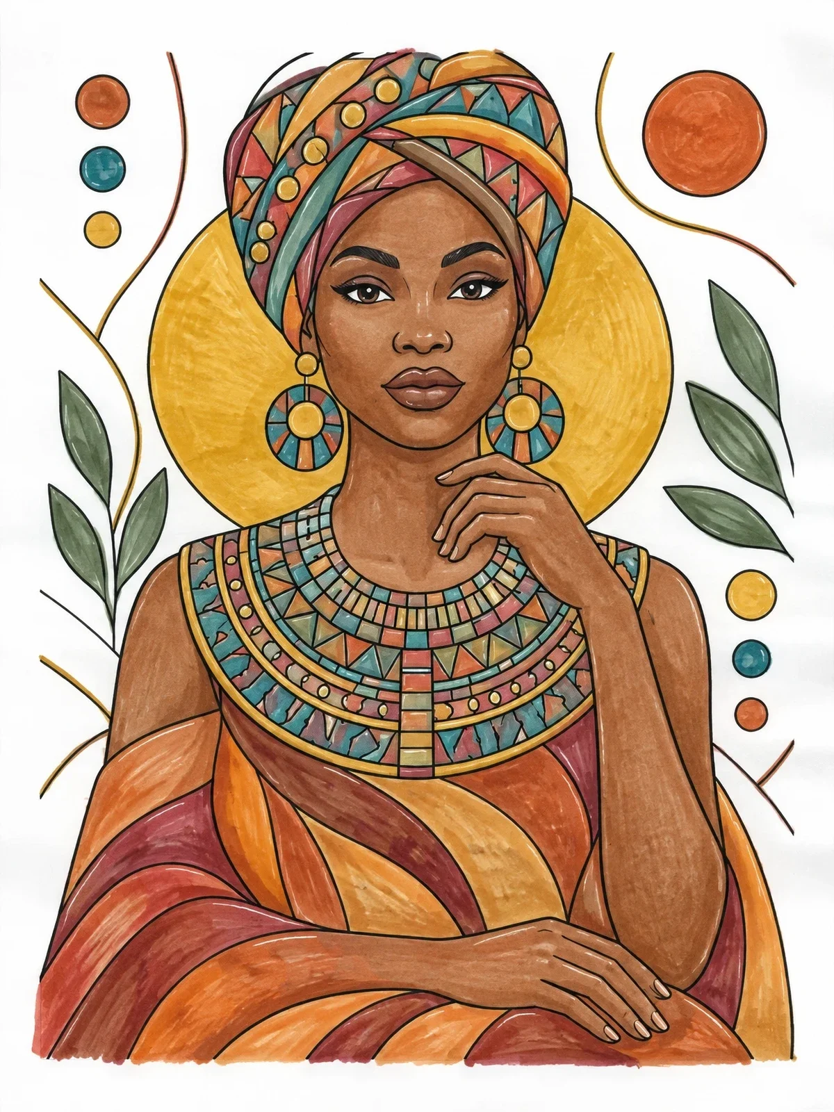 Colored example of the Elegant Woman In Beaded Collar coloring page