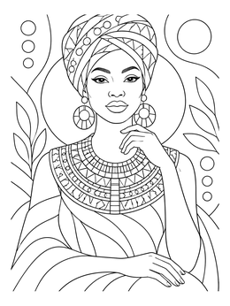 A serene woman coloring page featuring traditional jewelry and a headwrap.