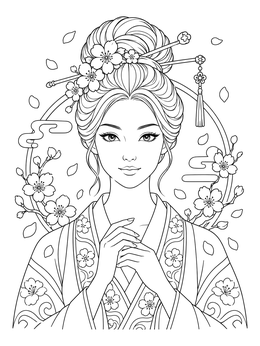An elegant portrait coloring page of a woman with an elaborate bun, hairpins, and cherry blossoms.
