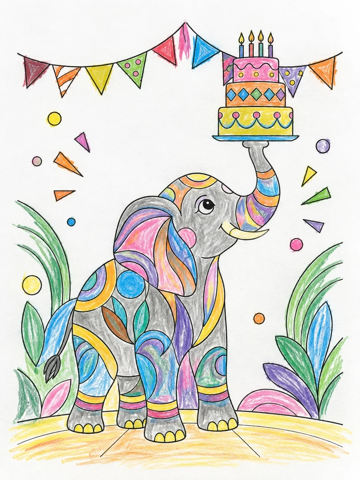 Colored example of the Elephant Balancing Birthday Cake coloring page