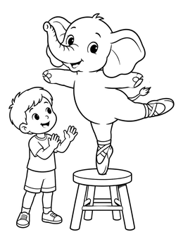 A cute ballerina coloring page showing an elephant dancing en pointe on a stool while a boy claps.