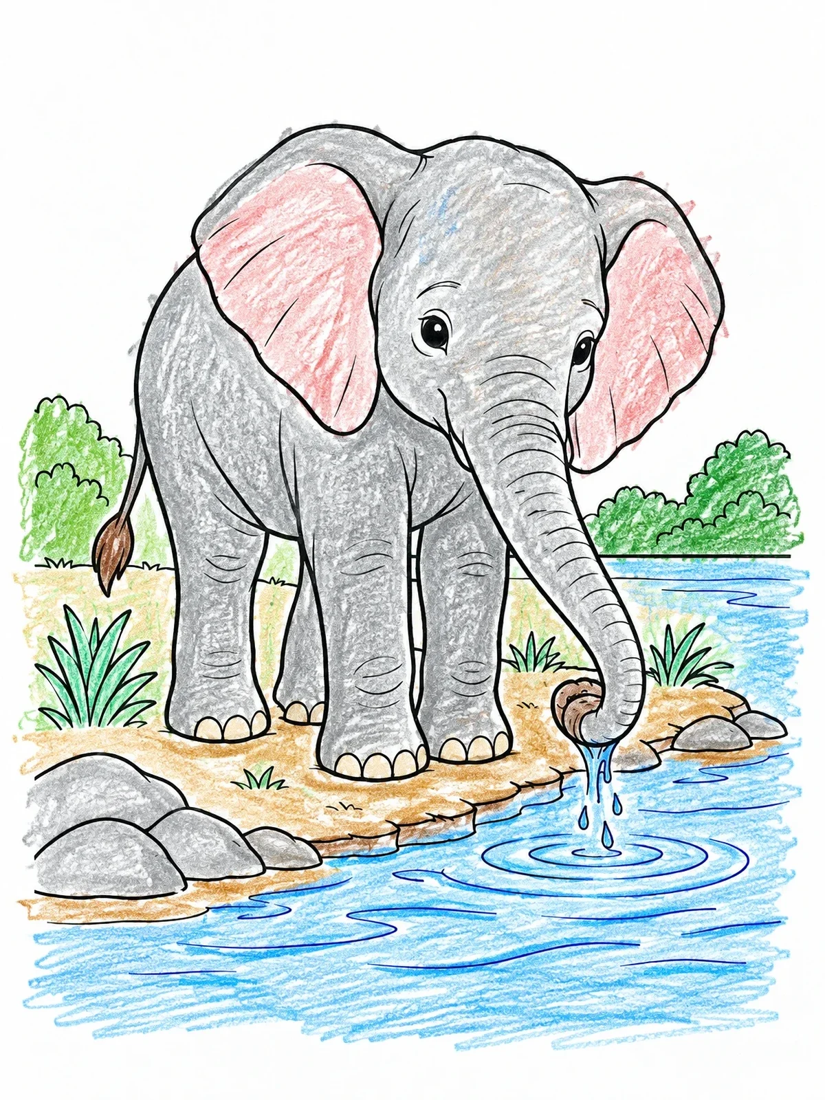 Colored example of the Elephant Calf Drinking At The Riverbank coloring page