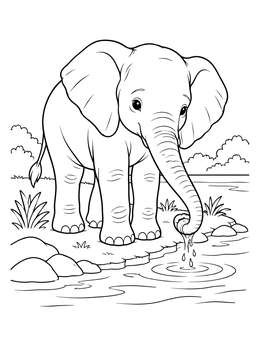 A cute elephant calf sips river water in this drinking water coloring page.