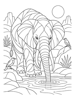 An elephant coloring page featuring a bull elephant drinking from a waterhole alongside small birds.
