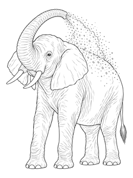 Detailed elephant coloring page featuring an African elephant spraying dust onto its back.