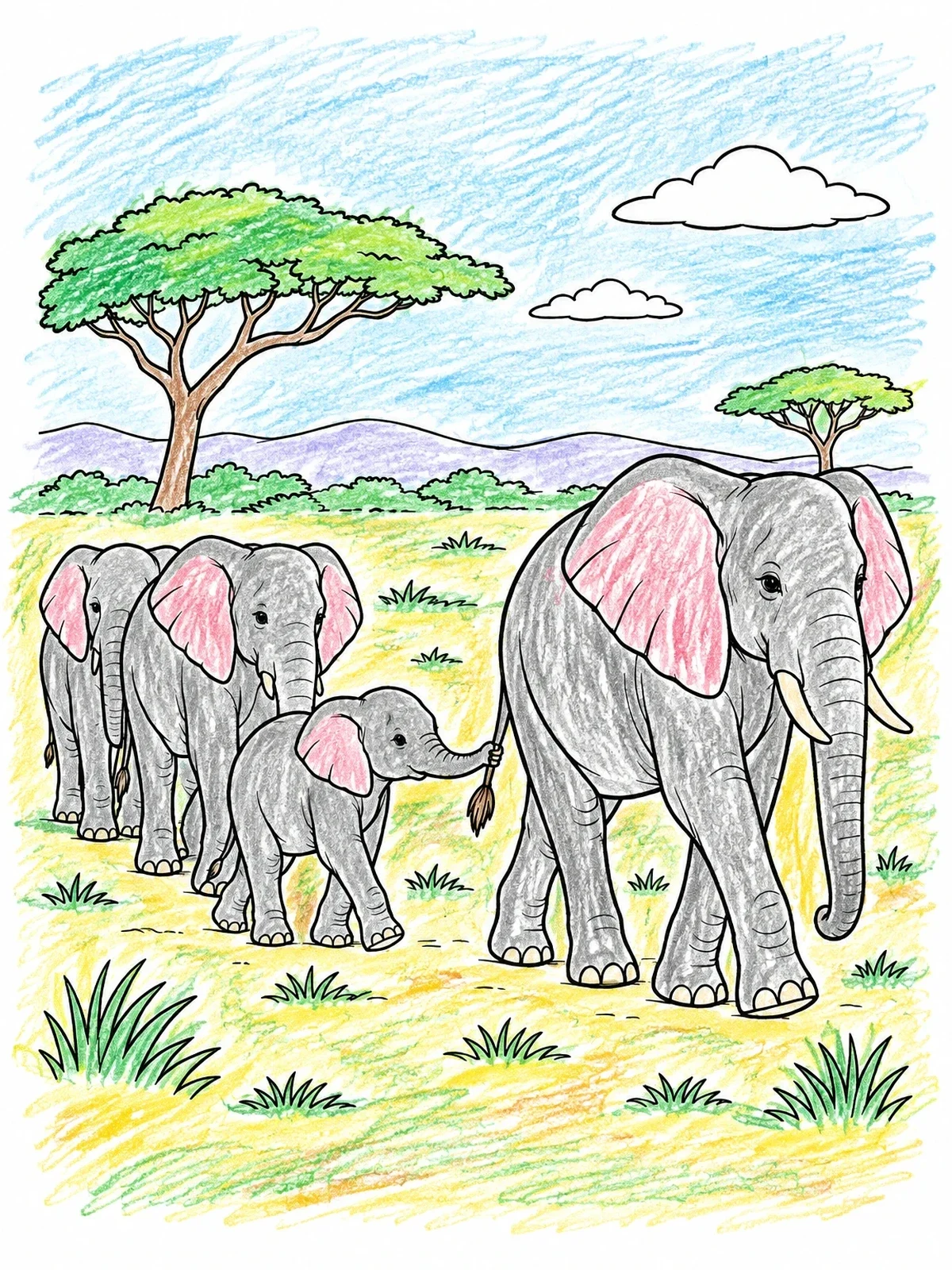 Colored example of the Elephant Family On The Savannah coloring page
