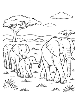 An elephant family coloring page with a cute calf holding its mother's tail across the savannah.
