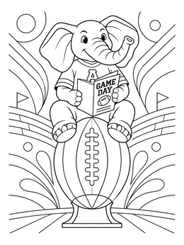 An elephant mascot sitting on a giant football in this Alabama coloring page.