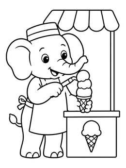 A cute elephant coloring page showing a friendly vendor serving an ice cream cone at a stand.