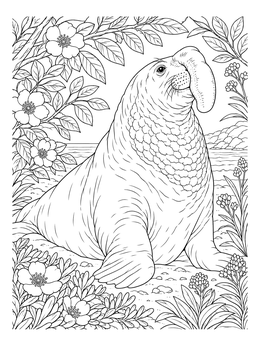 Detailed elephant seal coloring page framed by lush flowers on a coastal shoreline.