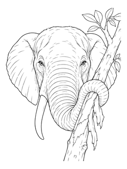 Detailed elephant coloring page showing an elephant wrapping its trunk around a tree branch.