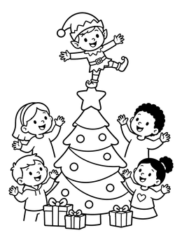 Children cheer below this playful elf coloring page as he balances on top of a Christmas tree star.