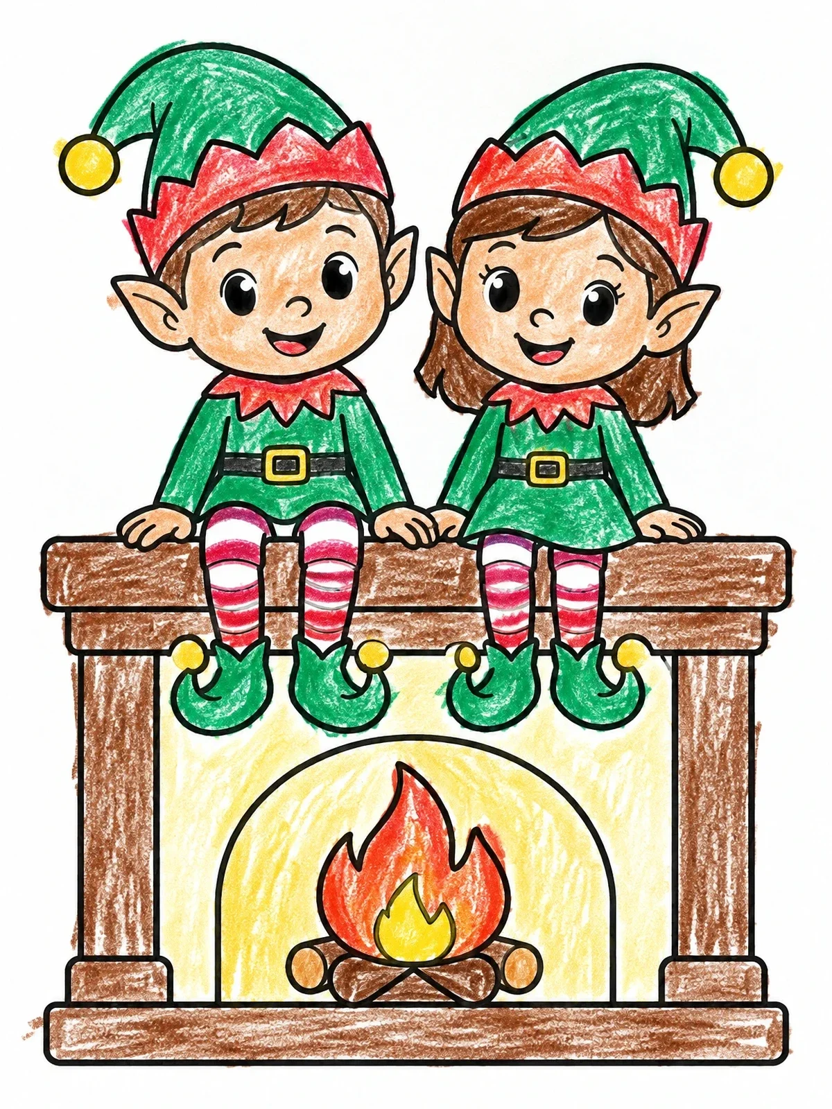 Colored example of the Elf Boy And Girl On Mantle coloring page