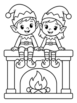 Free printable Elf Boy And Girl On Mantle coloring page