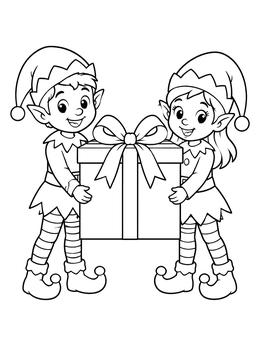 Free printable Elf Boy And Girl With Holiday Present coloring page