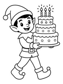 A cheerful elf coloring page showing a cute elf marching with a three-tier birthday cake.