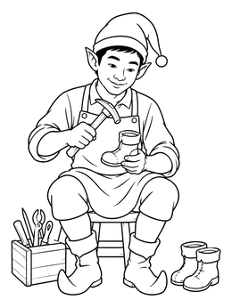 An elf cobbler repairs a tiny boot in this detailed elf coloring page.