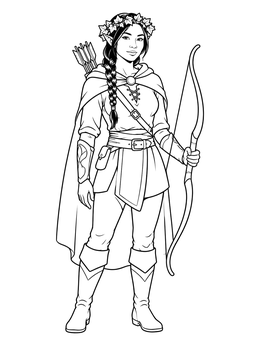 An elf coloring page of a female archer wearing a cloak and leaf crown with bow in hand.
