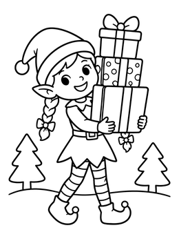 Free printable Cheerful Elf Girl Carrying Presents coloring page