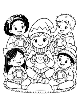 A cute elf coloring page showing a little elf girl and children drinking hot cocoa.