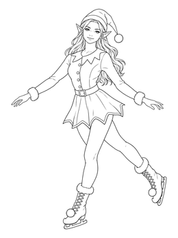 A cheerful elf coloring page showing a graceful elf girl ice skating in boots with pom-poms.