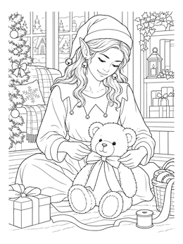 An elf coloring page showing a Christmas elf tying a ribbon bow on a cute teddy bear.