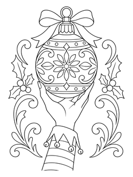 An elf hand holds a bauble in this festive ornament coloring page.