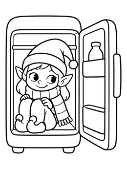 An elf coloring page featuring a small elf in a scarf sitting cozy inside a refrigerator.