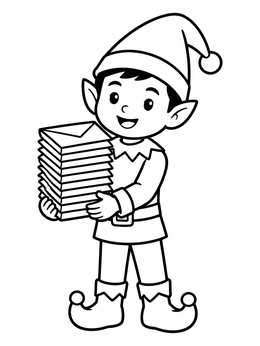 A cheerful elf carries a stack of mail in this letters to santa coloring page.