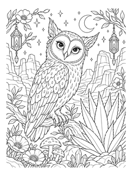 An elf owl coloring page perched on a desert branch under a crescent moon.