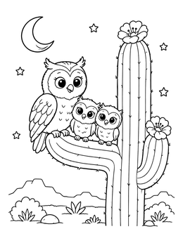 Free printable Elf Owl Family On Saguaro Cactus coloring page
