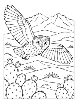 Free printable Elf Owl Flying Over Desert coloring page