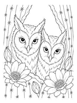 Free printable Elf Owls In Desert Cactus coloring page