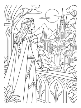 An elf coloring page showing a noble prince overlooking a fantasy city among waterfalls.