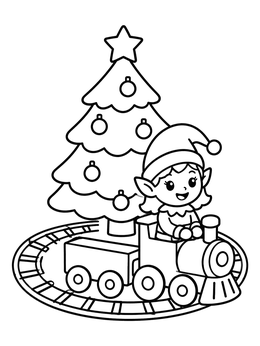 A cheerful elf coloring page showing a little elf driving a toy train around a Christmas tree.