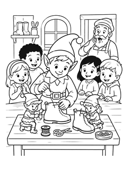 Free printable Elves Stitching Shoes In The Workshop coloring page