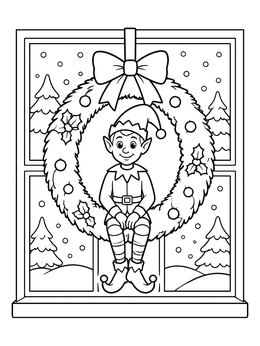 A cheerful elf coloring page showing a holiday elf sitting in a festive wreath by a snowy window.