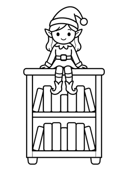 Free printable Elf Sitting On A Bookshelf coloring page