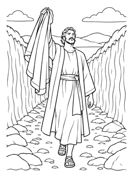 An elijah and elisha coloring page showing prophet Elisha holding Elijah's cloak walking through the parted Jordan river.