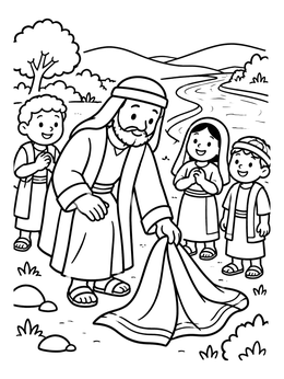 An elijah and elisha coloring page showing a prophet picking up a fallen cloak near the river with children watching.