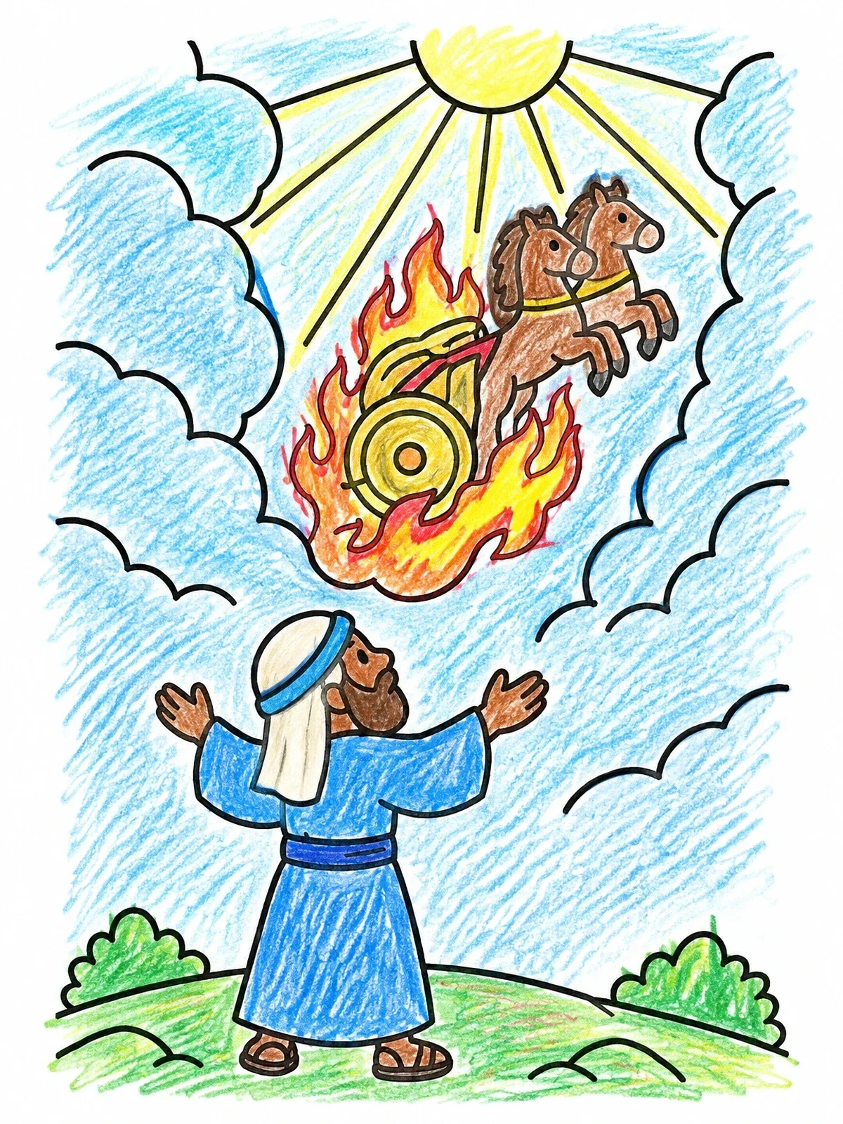 Colored example of the Elijah Ascending In The Fiery Chariot coloring page