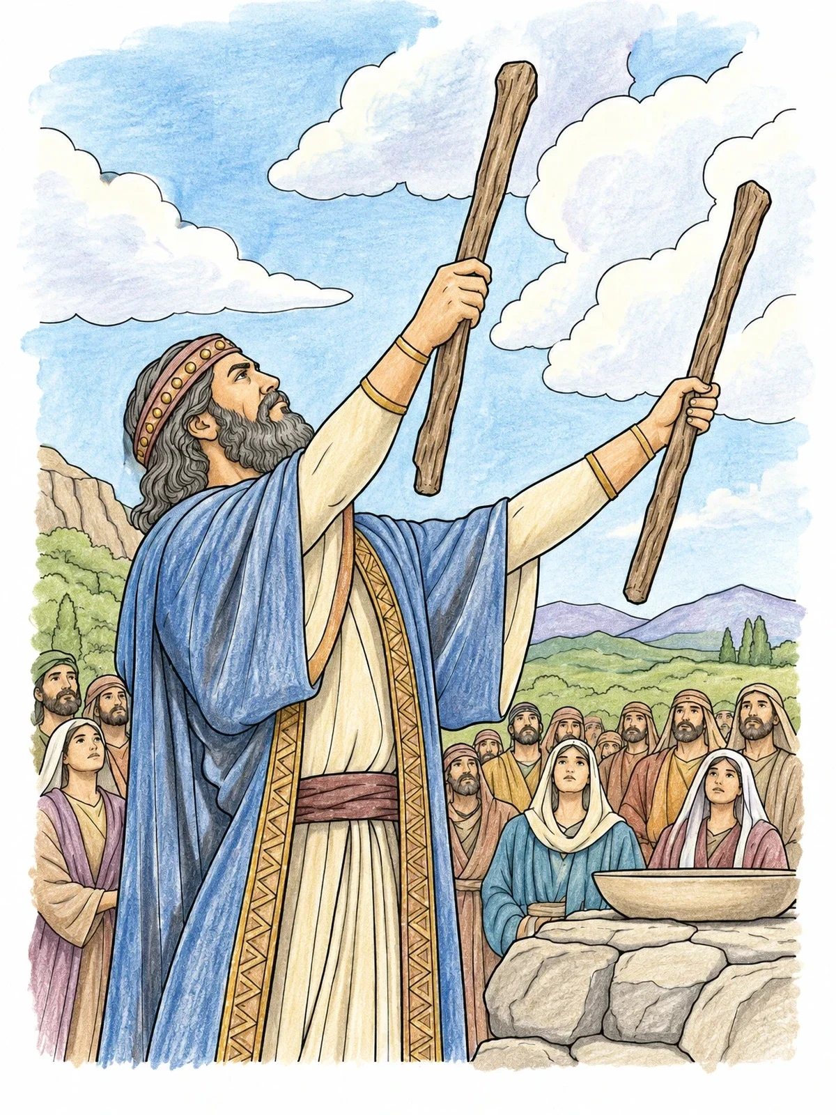 Colored example of the Prophet Raising Staves Before Crowd coloring page
