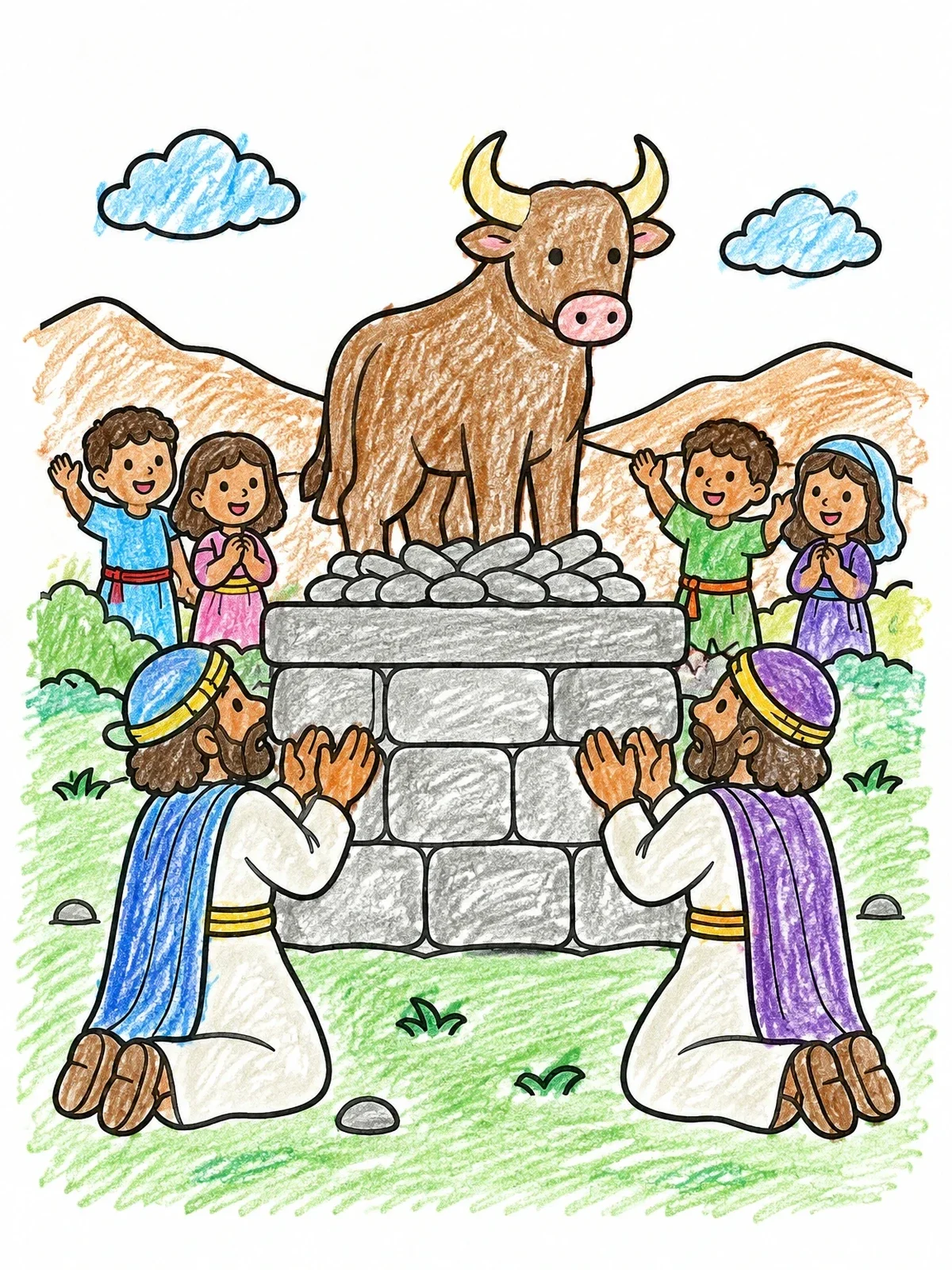 Colored example of the Priests Praying Before The Bull Altar coloring page