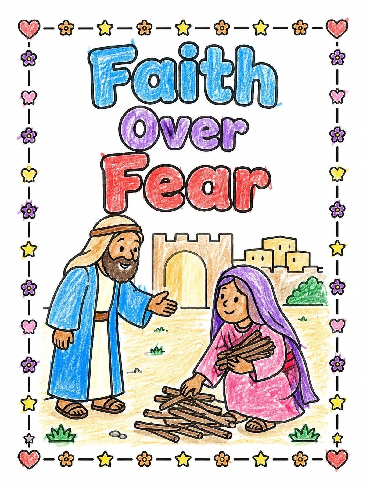 Colored example of the Elijah And The Widow Gathering Sticks coloring page