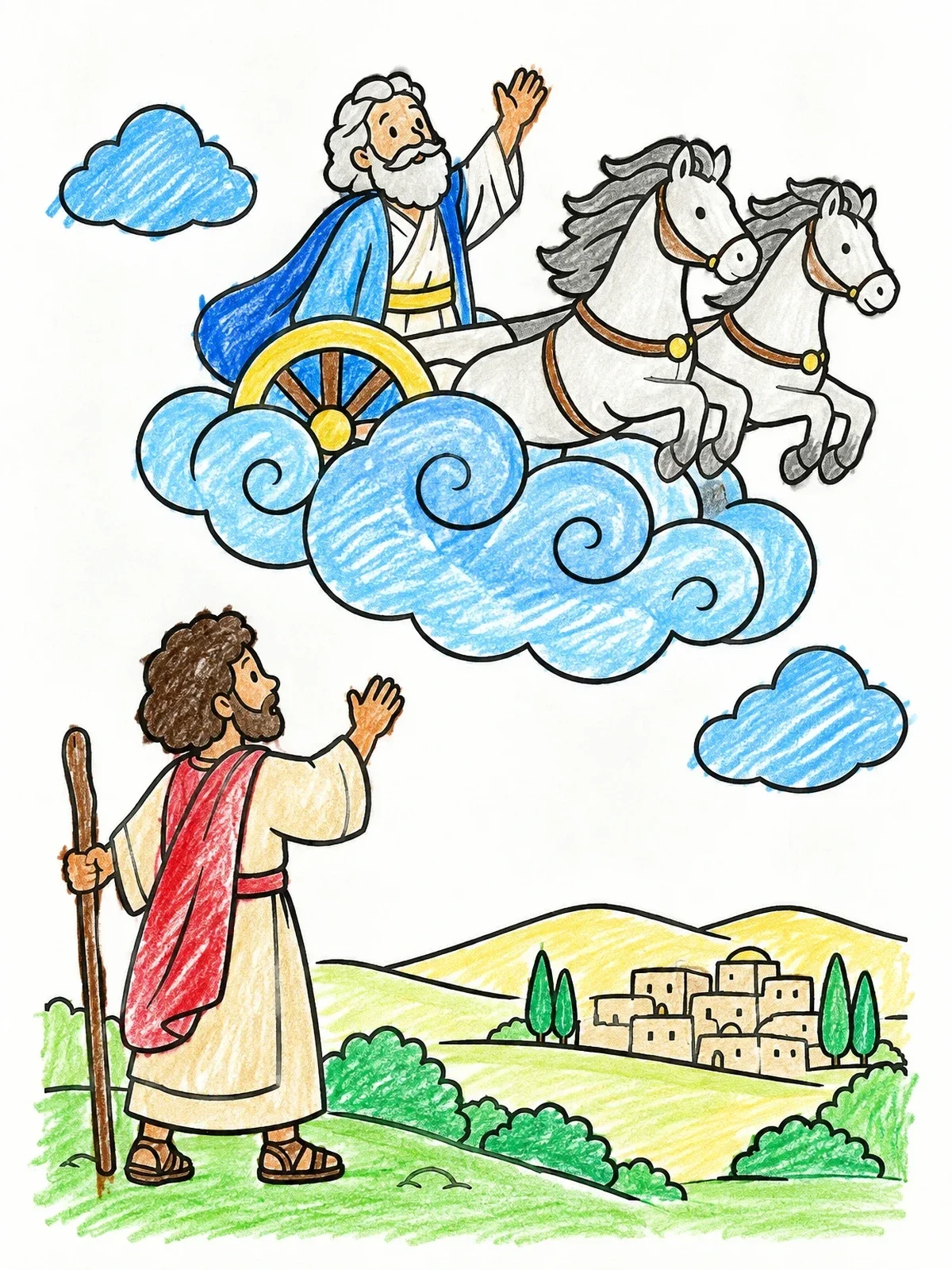 Colored example of the Elijah Ascending In The Chariot coloring page