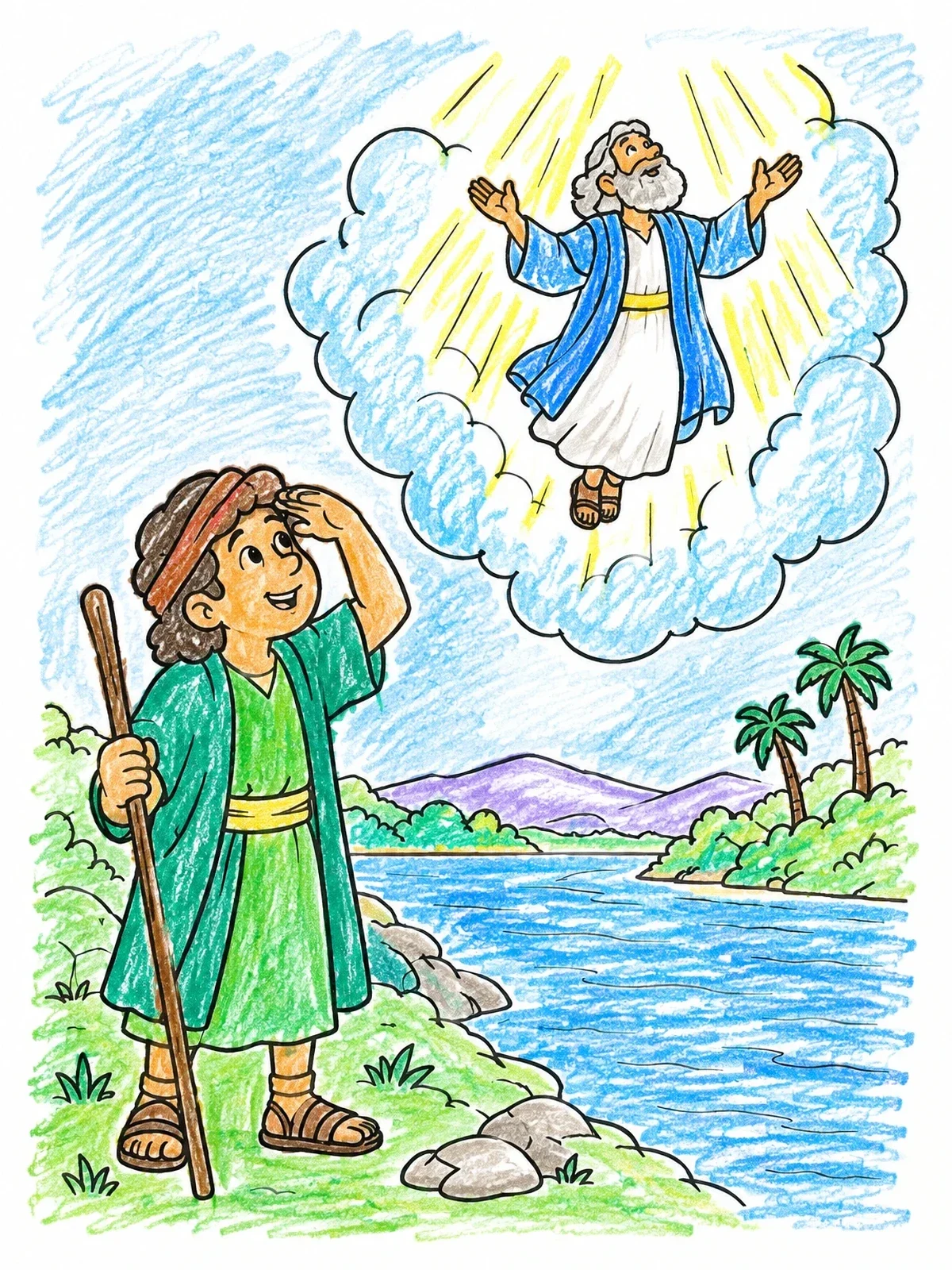 Colored example of the Elijah Ascending To Heaven With Elisha coloring page