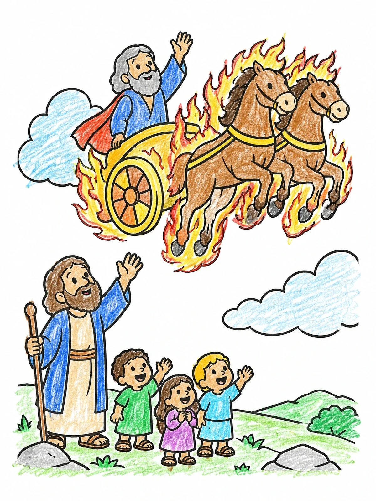 Colored example of the Elijah Ascending In The Fiery Chariot coloring page