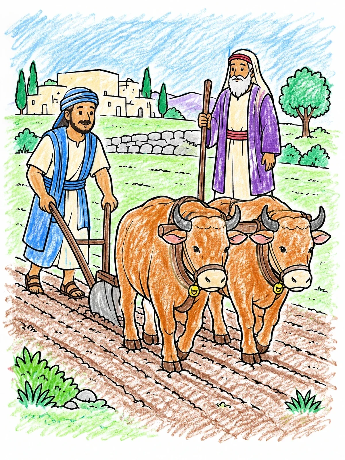 Colored example of the Elijah Calling Elisha At The Plow coloring page