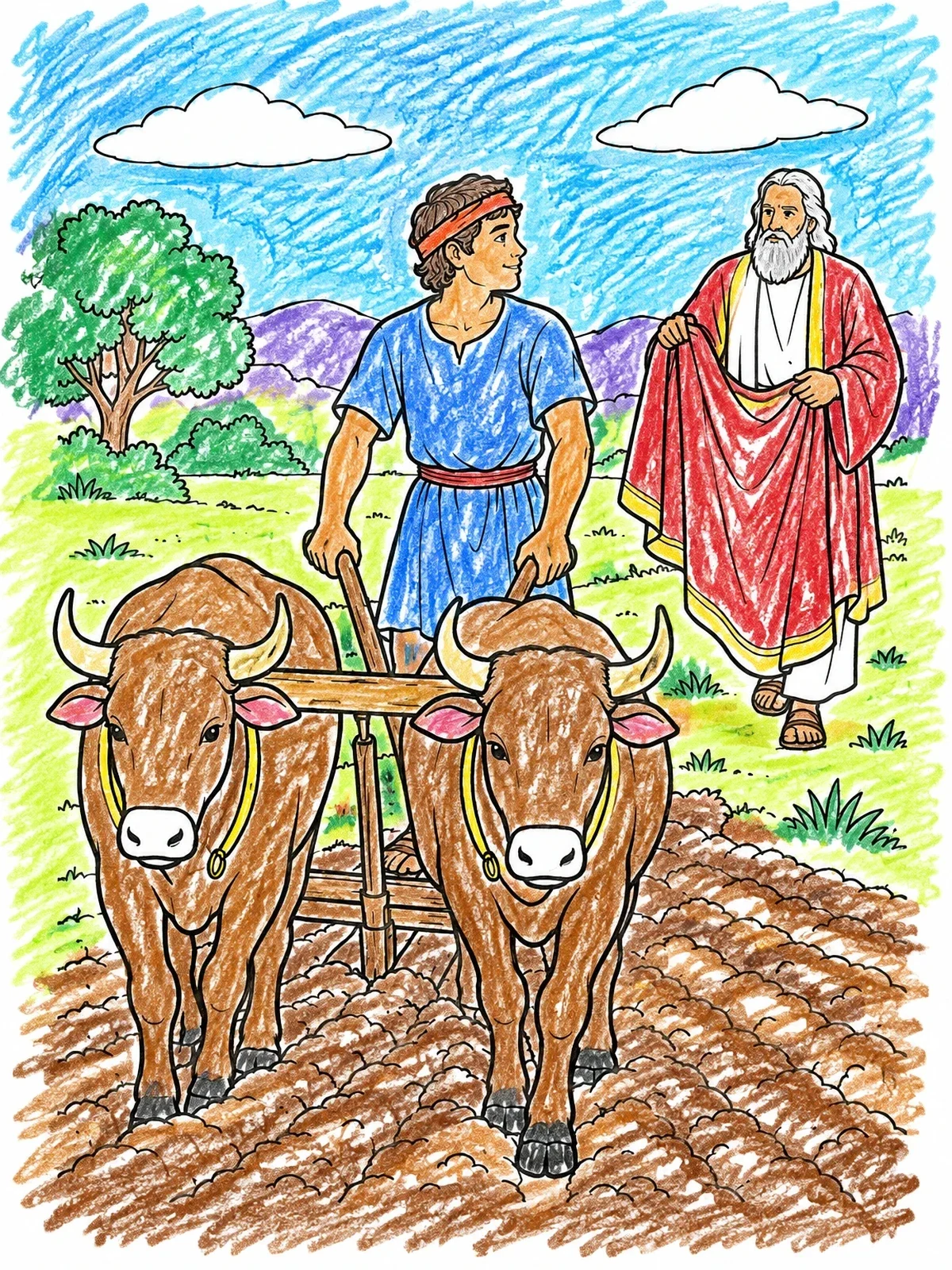 Colored example of the Elijah Calls Elisha In Field coloring page